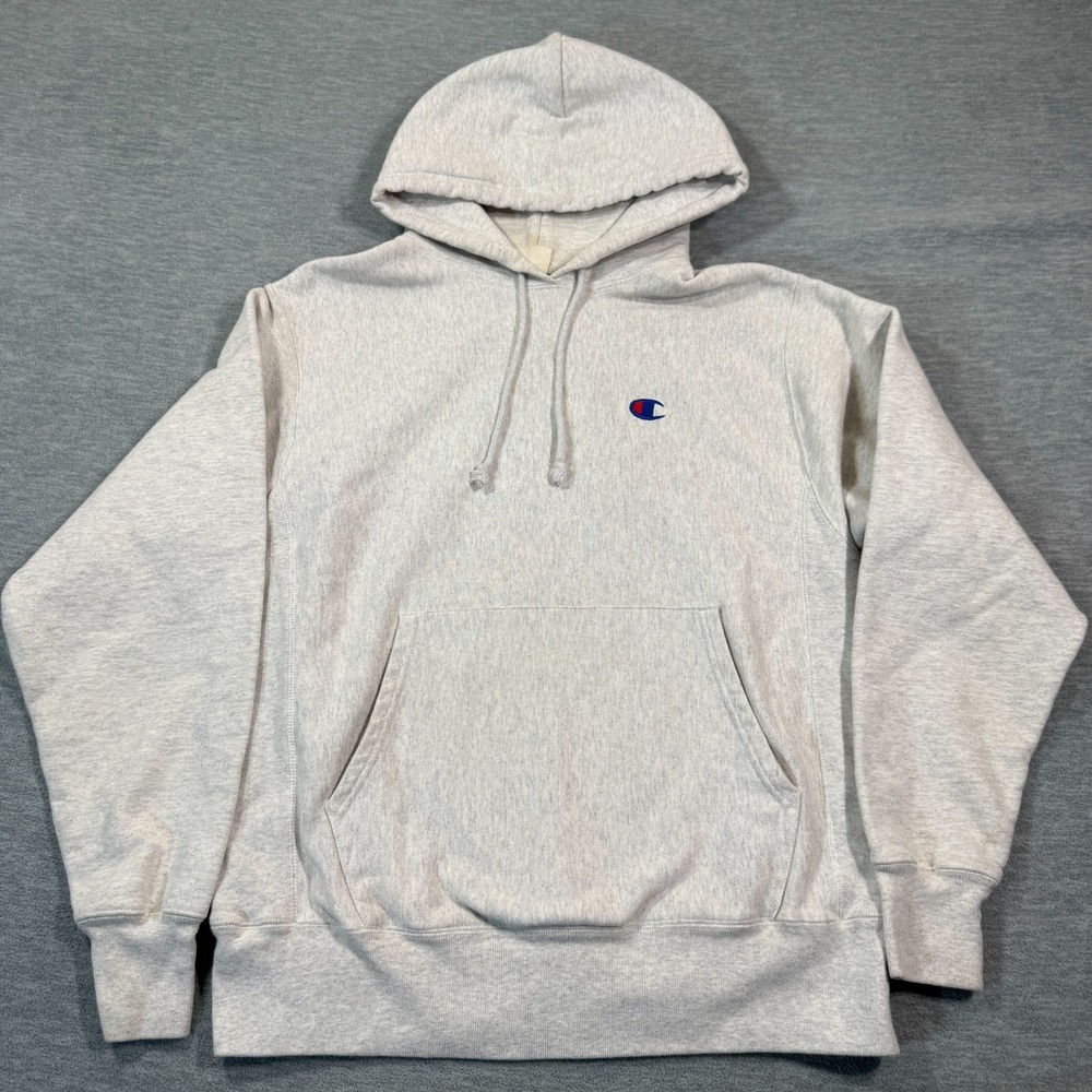 Champion Hoodie Men Medium Gray Pullover Reverse Weave Sweatshirt Athleisure Log